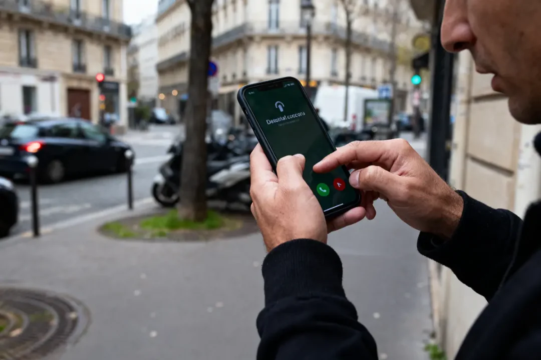 Personne utilisant un smartphone pour prendre un appel dans une rue, avec un scooter en arrière-plan.