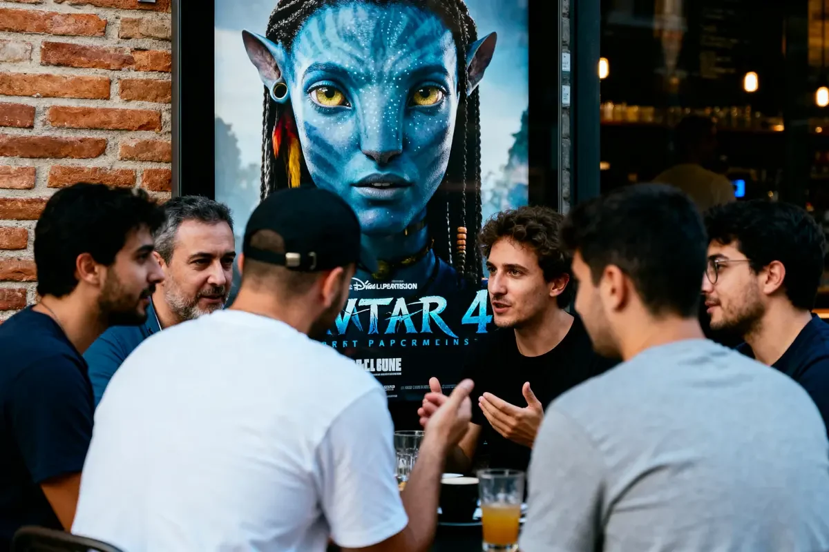 Groupe d'hommes discutant devant une affiche du film Avatar 4 dans un café.