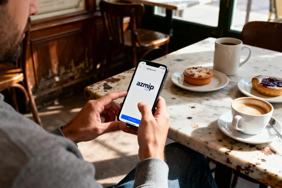 Homme avec smartphone dans café, table avec café, pâtisseries, écran affichant "azmip.com".