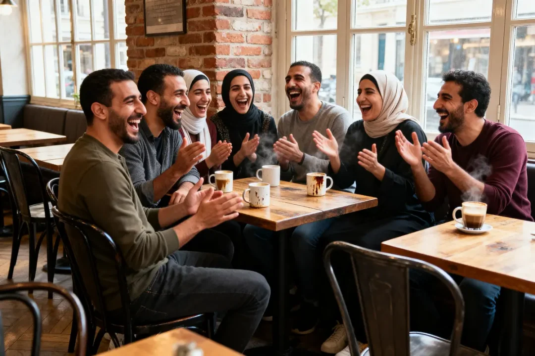 Un groupe d'amis souriants, applaudissant, assis dans un café avec des boissons chaudes, ambiance détendue et joyeuse.