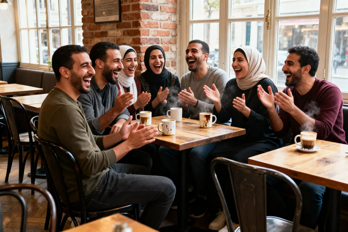 Un groupe d'amis souriants, applaudissant, assis dans un café avec des boissons chaudes, ambiance détendue et joyeuse.
