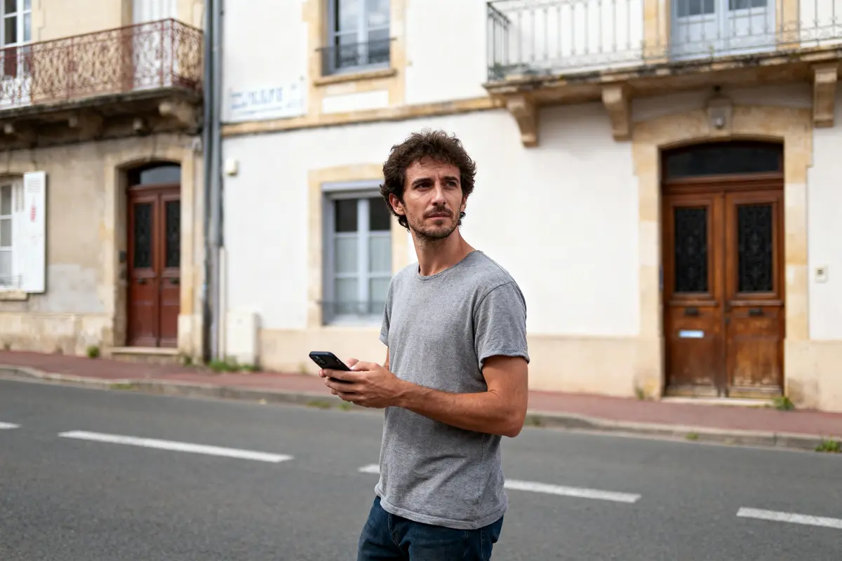 Un homme tenant un smartphone, se promenant dans une rue devant des bâtiments historiques en arrière-plan.