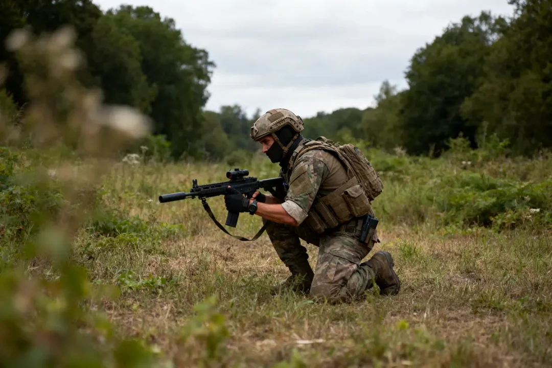Un soldat accroupi en tenue de camouflage dans une clairière, tenant une arme, prêt pour l'action.