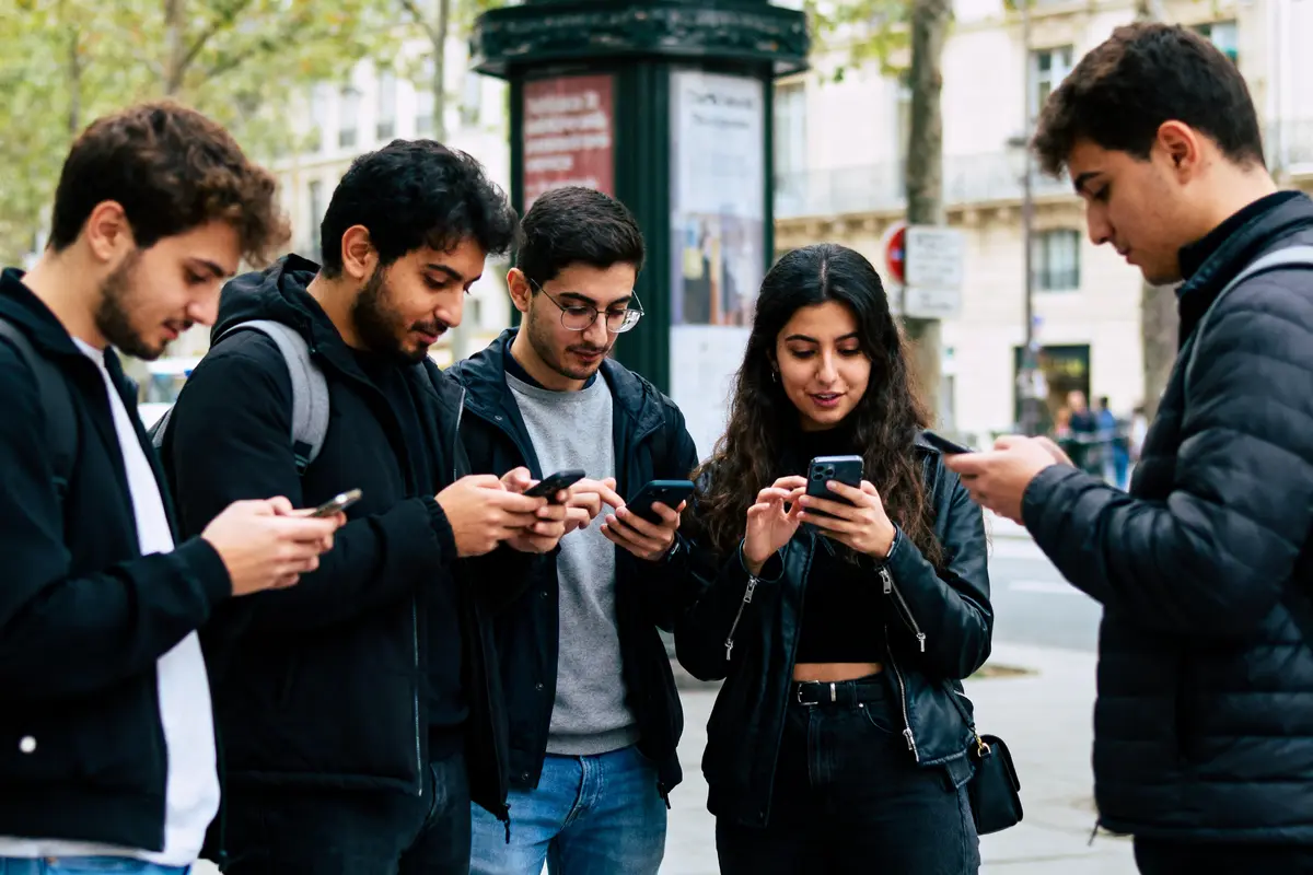 Cinq jeunes adultes regardant leurs téléphones dans la rue, entourés d'arbres et de bâtiments.