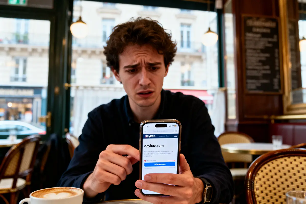Jeune homme perplexe regardant un smartphone dans un café parisien, cappuccino posé devant lui.