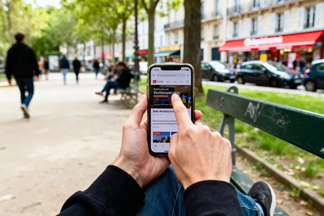 Personne utilisant smartphone sur banc, parc urbain, arbres, immeubles, voitures, piétons flous à l'arrière-plan.