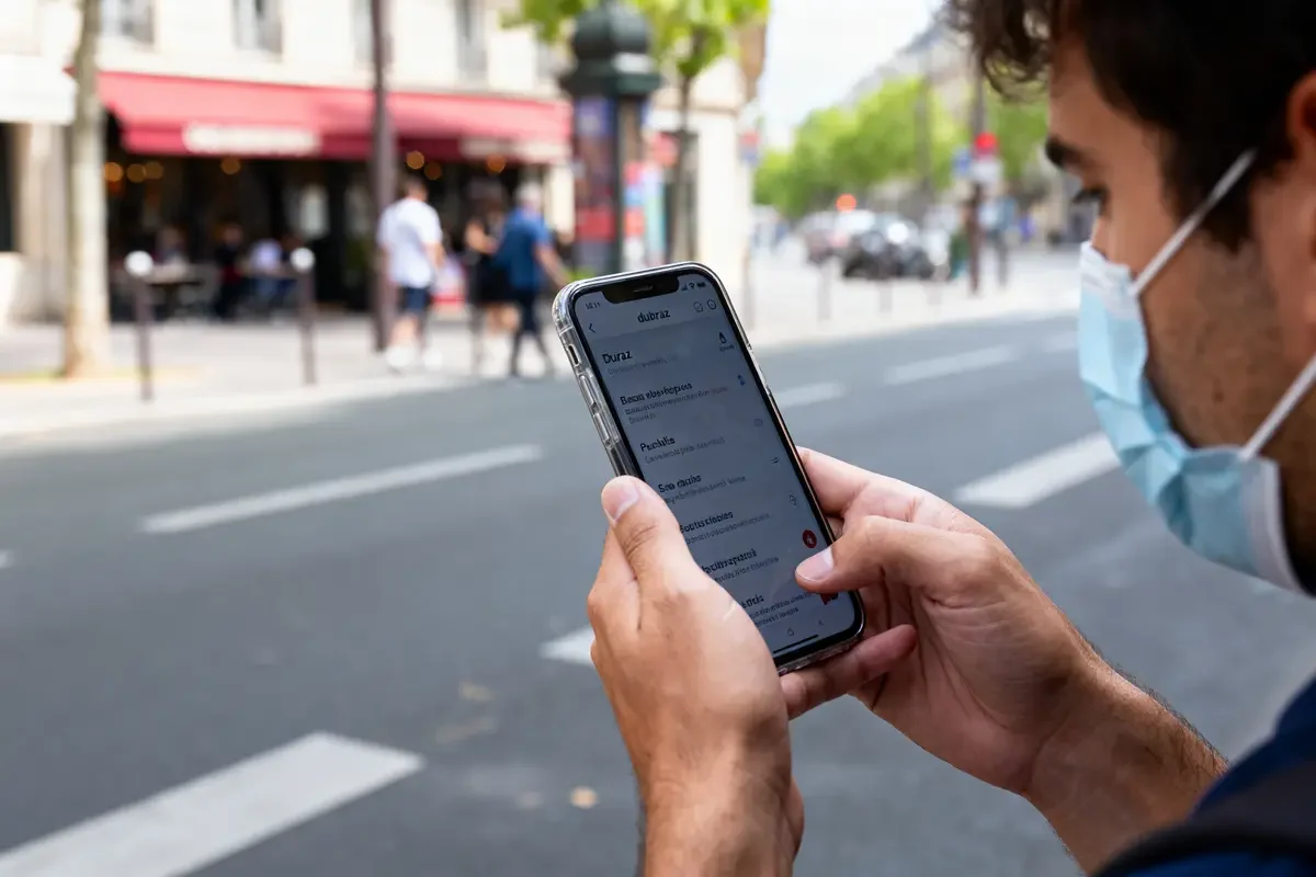 Homme masqué utilisant un smartphone en extérieur, devant un café avec terrasse.