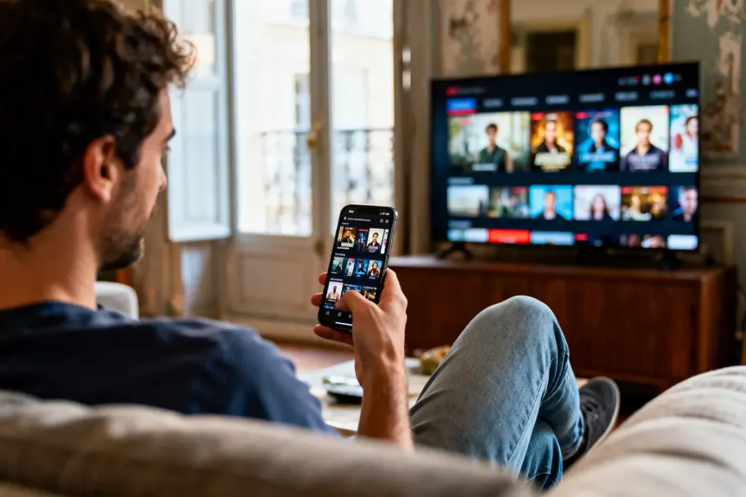 Homme sur canapé utilisant smartphone pour naviguer sur télé connectée, interface de streaming visible à l'écran.
