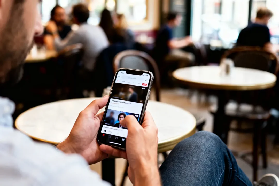 Homme utilisant smartphone dans un café animé, tables rondes et ambiance détendue en arrière-plan flou.