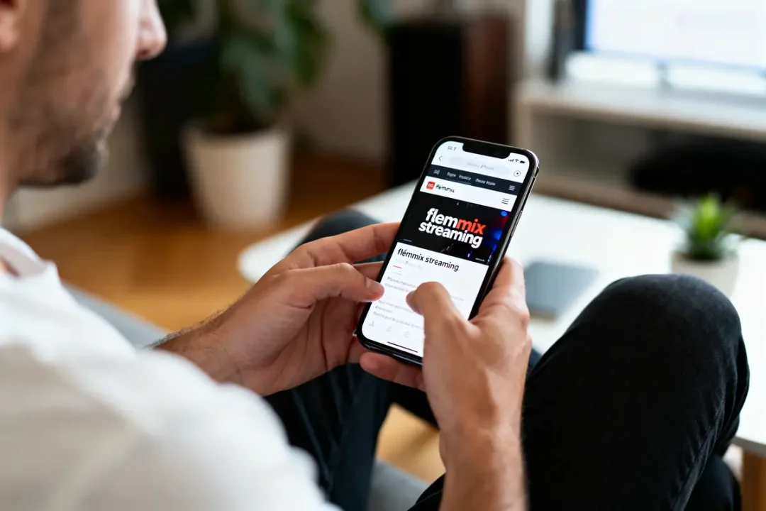Personne utilisant un smartphone affichant l'application "flemmiX streaming" avec une interface de site web moderne.