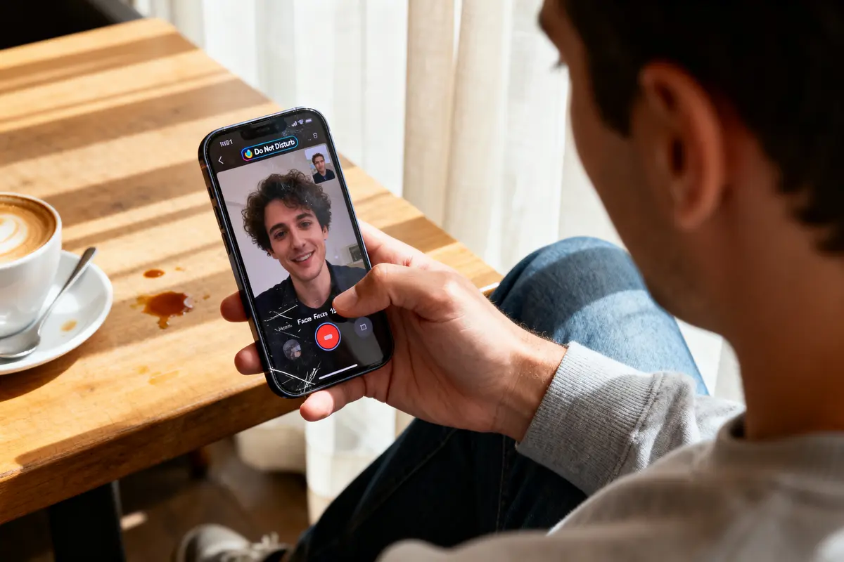 Homme en vidéoconférence sur smartphone, tenant une tasse de café, lumière naturelle sur table en bois.