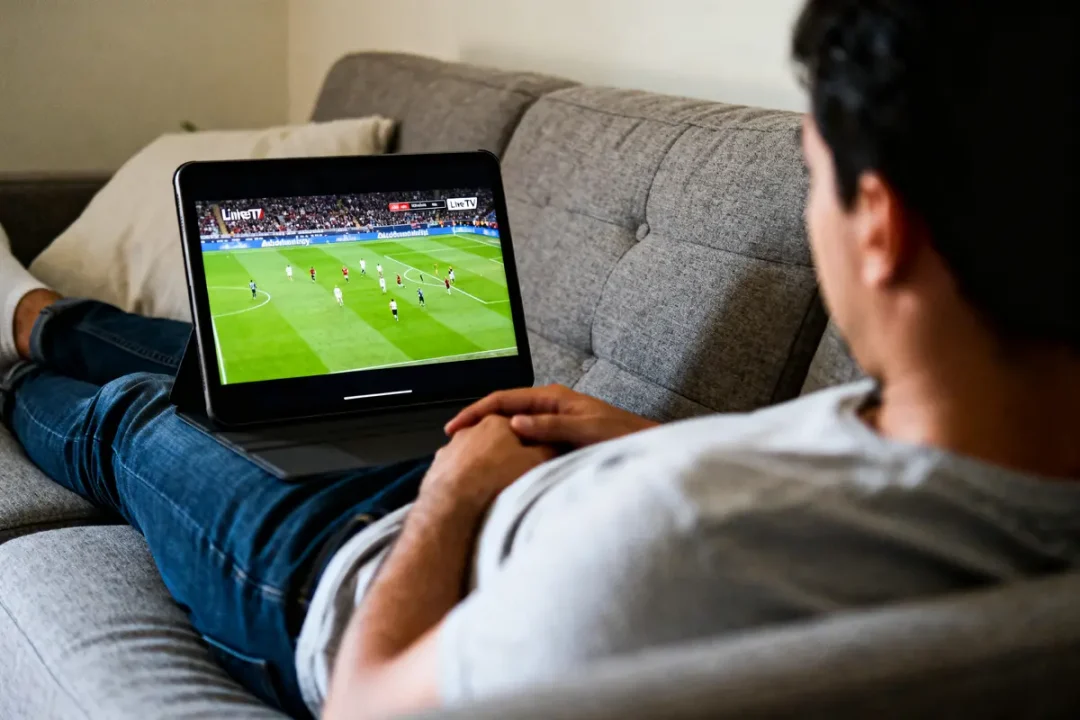 Homme regardant un match de football sur une tablette, allongé sur un canapé gris.