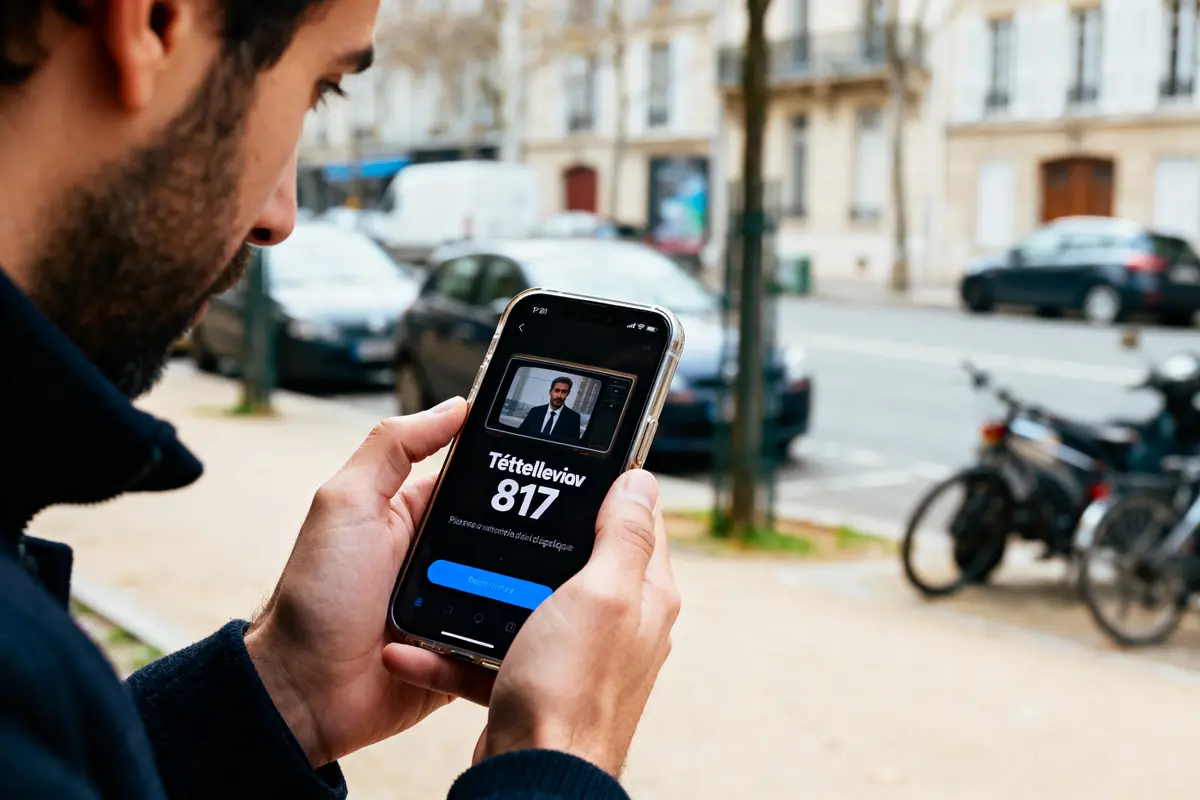 Personne tenant un smartphone affichant une application de compteur sous le texte "Téttelèviov 817", rue avec voitures.