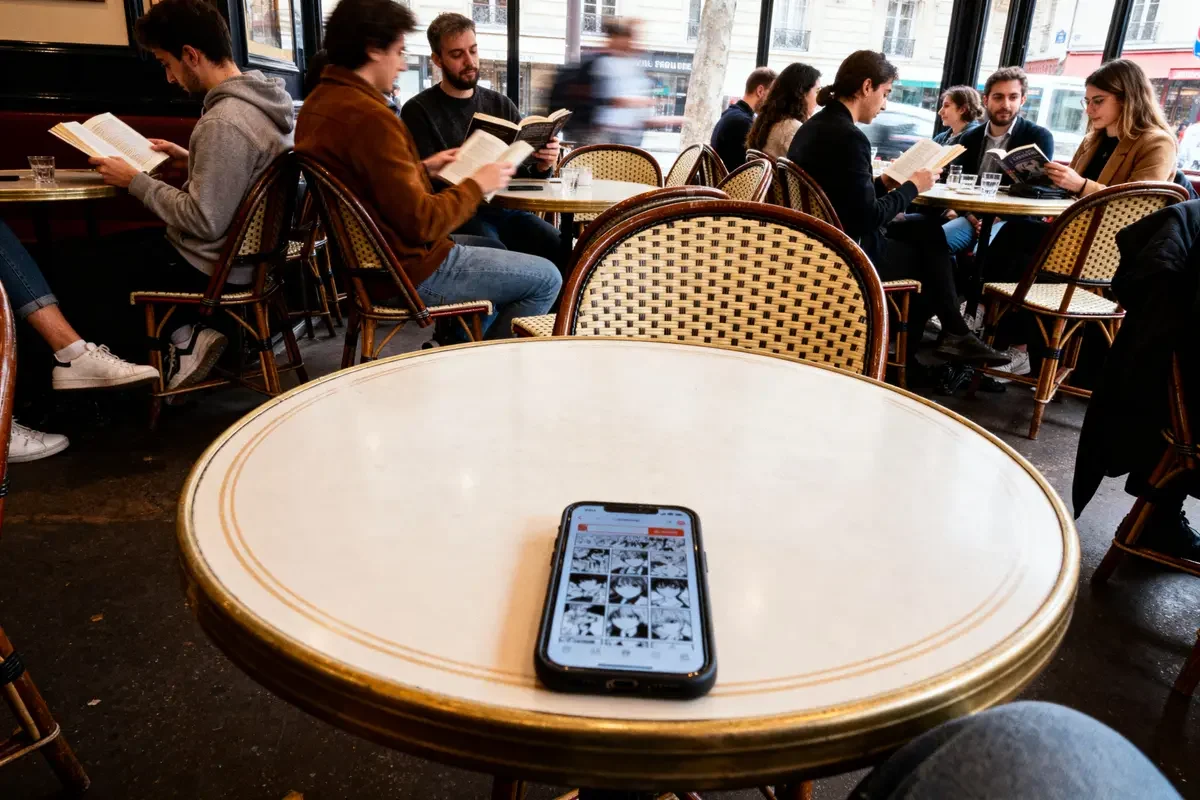 Téléphone sur table de café, étudiants lisant des livres en arrière-plan. Ambiance décontractée.
