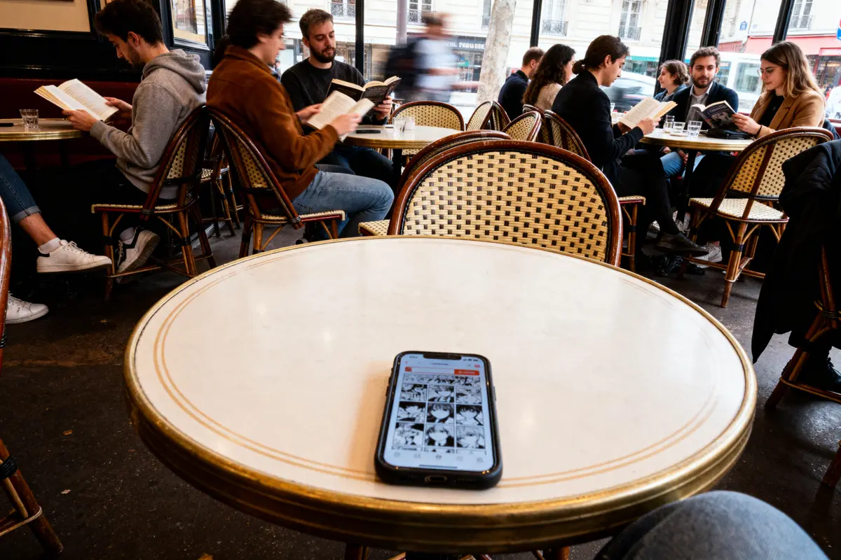 Téléphone sur table de café, étudiants lisant des livres en arrière-plan. Ambiance décontractée.