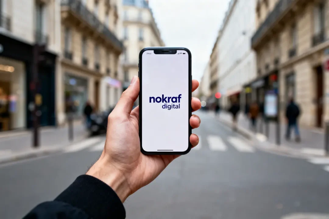 Smartphone avec logo "nokraf digital" tenu par une main, rue floue en arrière-plan.