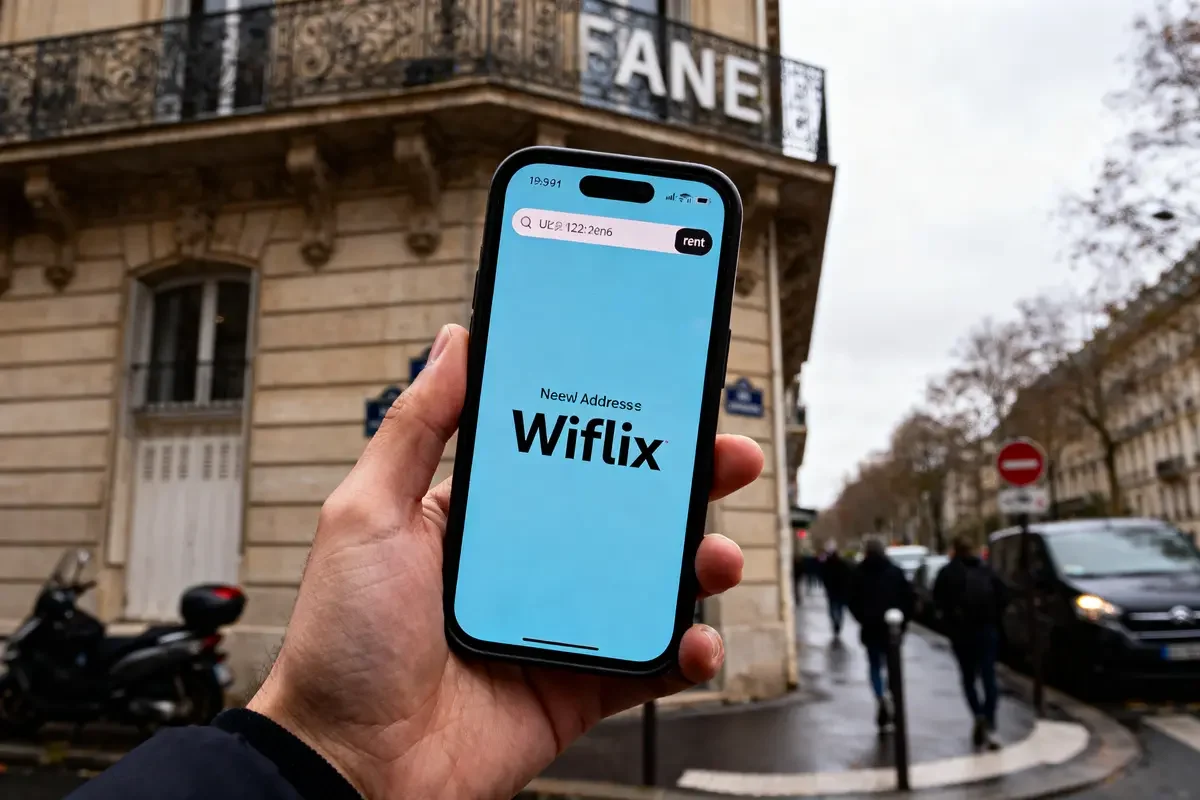 Main tenant un téléphone affichant "Wiflix", rue animée en arrière-plan avec immeubles et piétons.