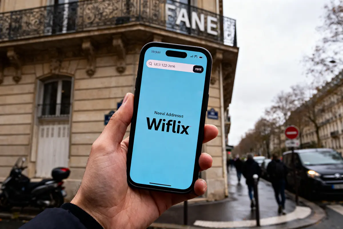 Main tenant un téléphone affichant "Wiflix", rue animée en arrière-plan avec immeubles et piétons.