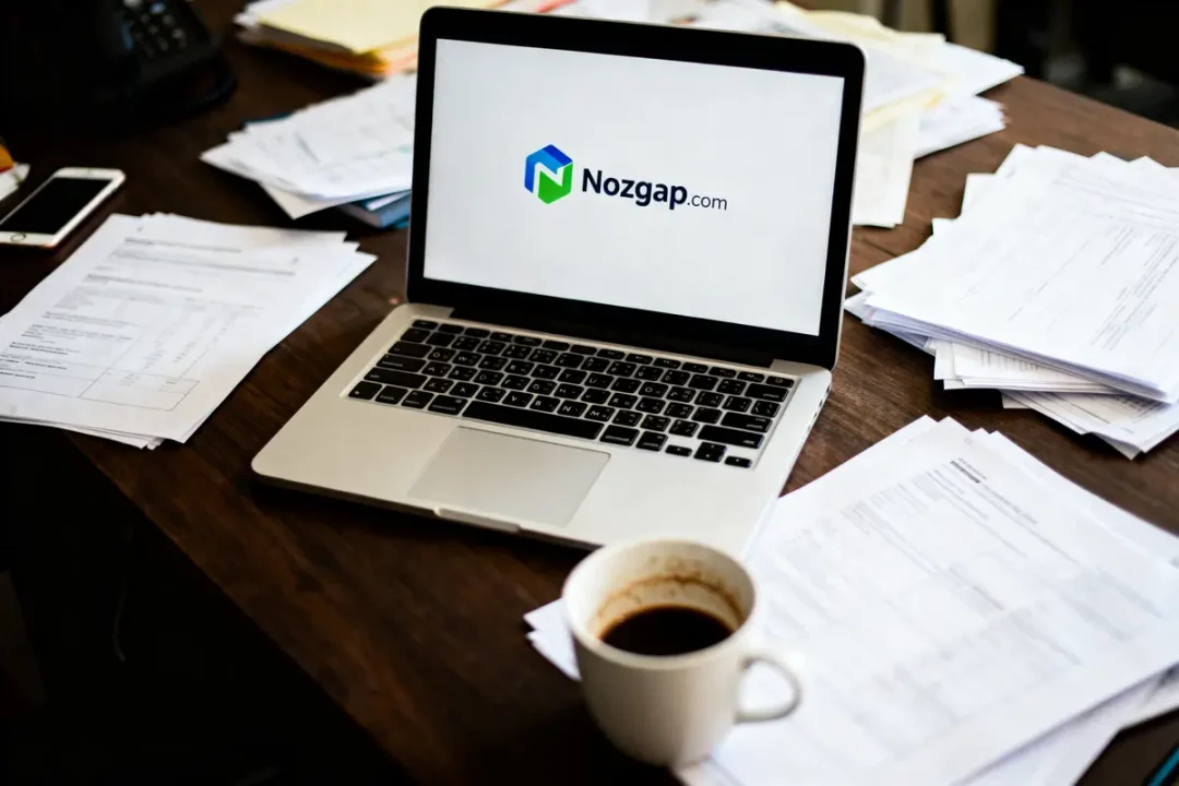 Ordinateur portable affichant "Nozgap.com" sur bureau encombré de papiers, avec tasse de café.