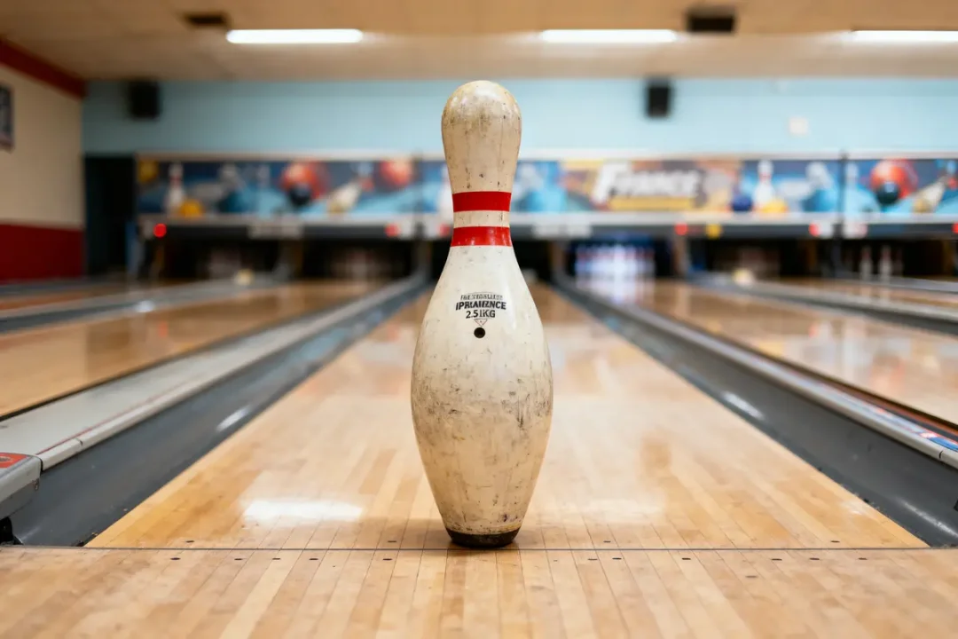 Quille de bowling seule sur la piste en bois, arrière-plan flou. Bowling intérieur.
