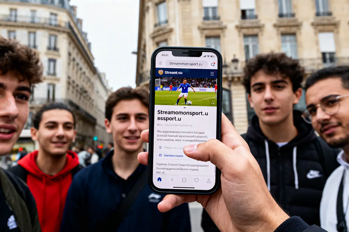 Un smartphone affichant un site de streaming sportif, entouré de cinq jeunes hommes en ville.