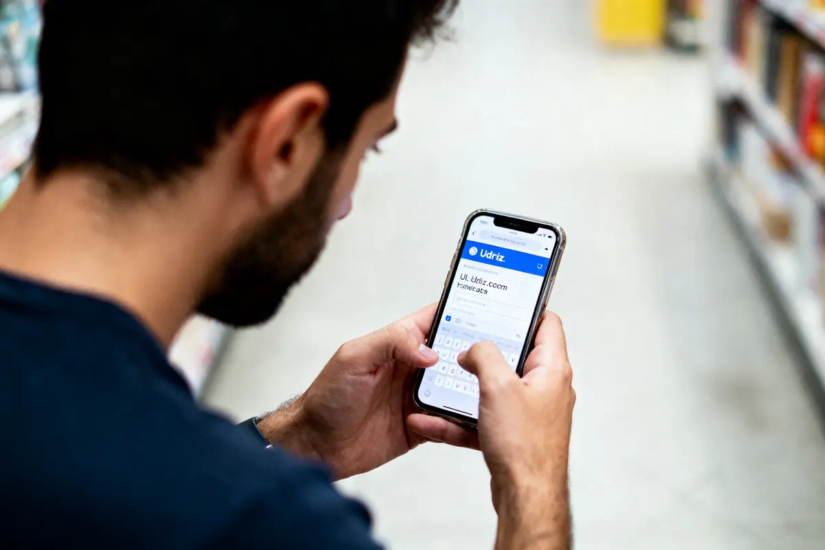 Homme utilisant un smartphone dans un magasin, naviguant sur le site Udriz.