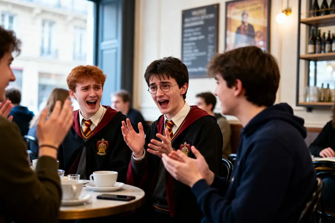 Quatre jeunes discutent avec enthousiasme dans un café, portant des costumes inspirés de Harry Potter.