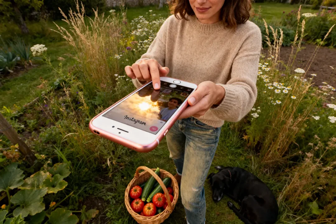 Femme utilisant un smartphone pour photographier un panier de légumes dans un jardin, chien noir couché à côté.