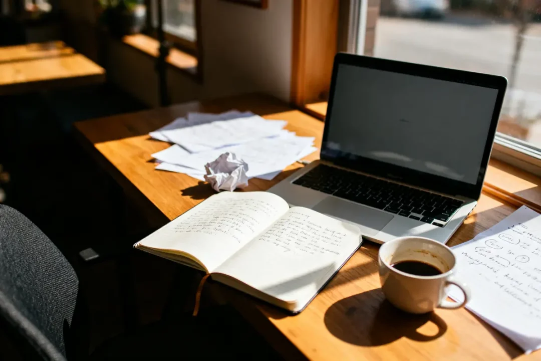 Ordinateur portable, carnet manuscrit, café et papiers sur une table en bois, éclairée par la lumière naturelle.