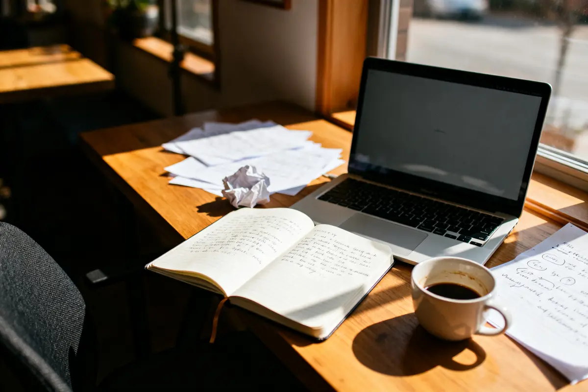 Ordinateur portable, carnet manuscrit, café et papiers sur une table en bois, éclairée par la lumière naturelle.
