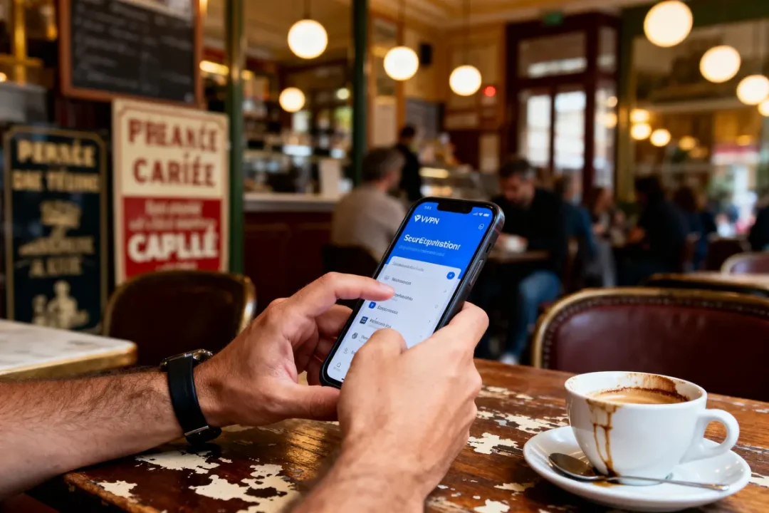 Personne utilisant un smartphone avec application VPN dans un café, cappuccino sur la table en bois usée.