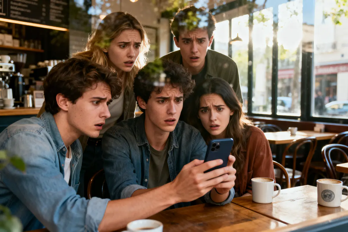 Cinq personnes choquées regardent un téléphone dans un café, avec des tasses de café sur la table.