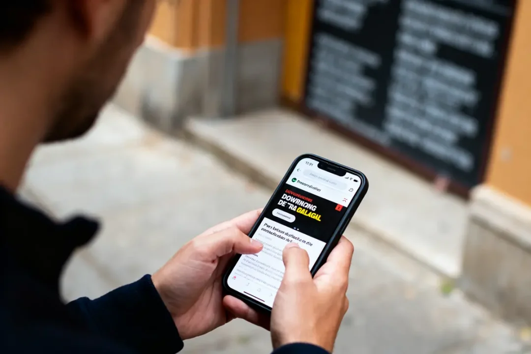 Personne utilisant smartphone, lisant article sur un site web, arrière-plan extérieur flou.