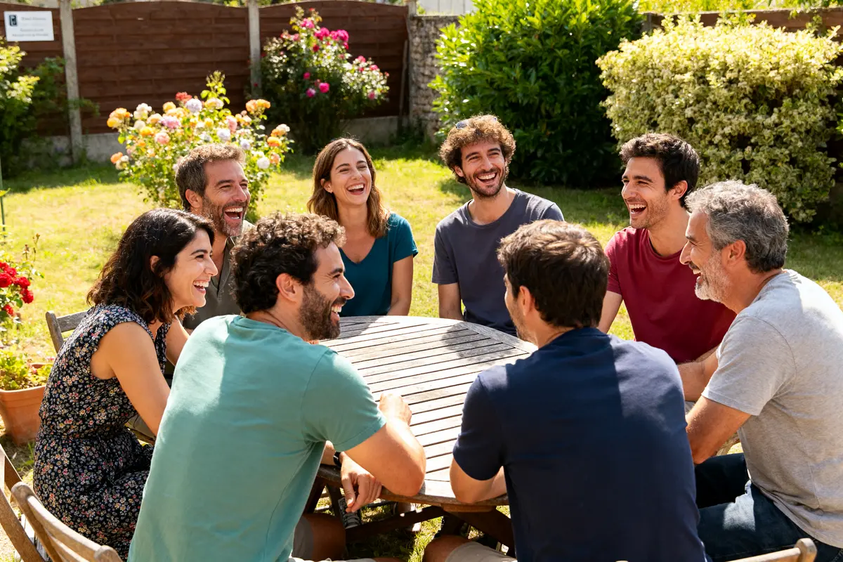 Groupe d'amis riant ensemble dans un jardin en partageant des blagues de tonton