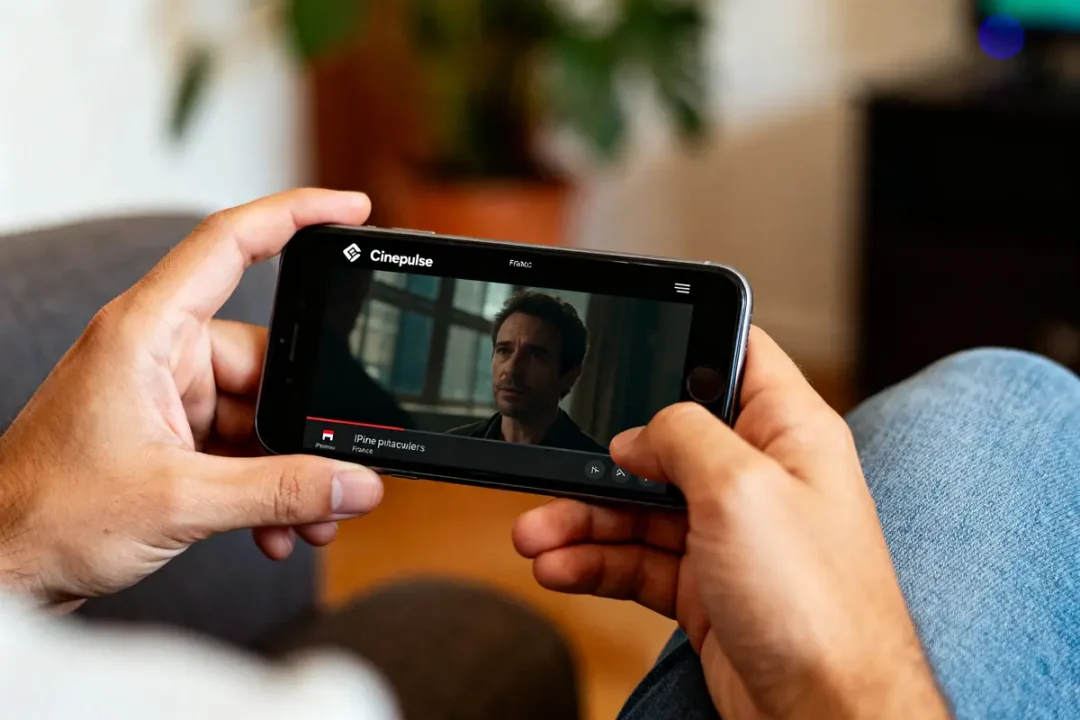 Homme regardant un film sur téléphone via l'application de streaming Cinepulse