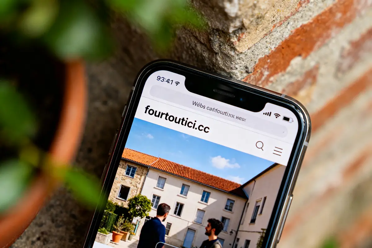Smartphone affichant le site web fourtoutici en extérieur près d'un mur en briques