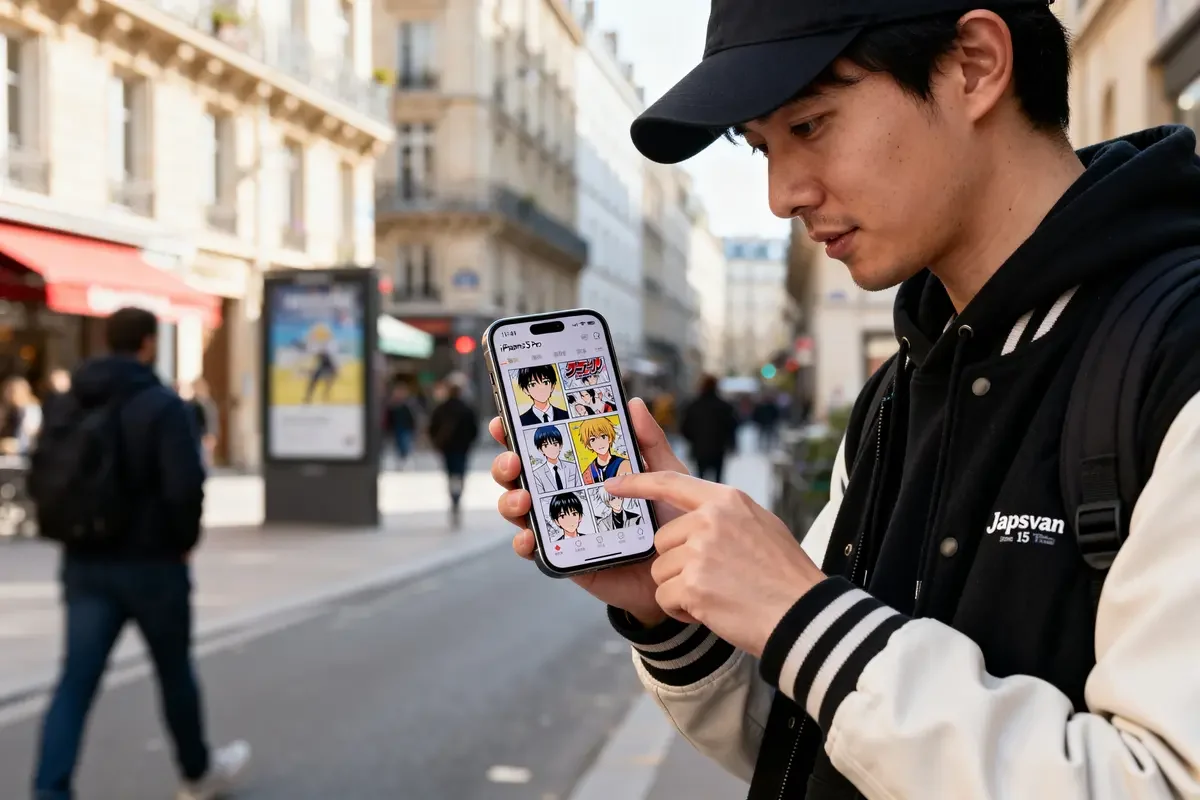 Jeune homme en veste Japsvan regardant des mangas sur smartphone dans une rue animée