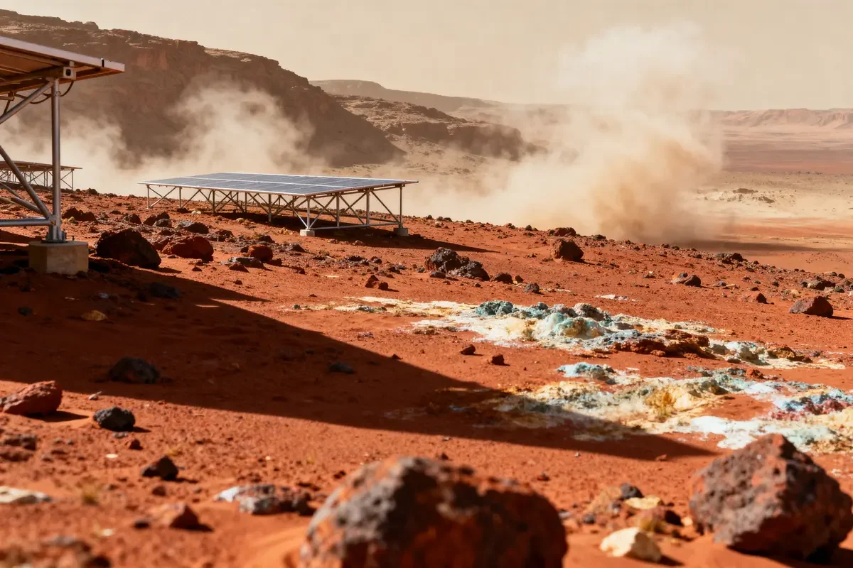 Panneaux solaires sur Mars avec tempête de poussière et roches pour terraformation mars