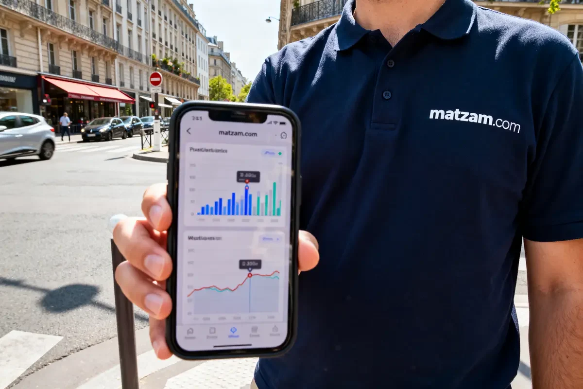 Personne tenant un smartphone avec statistiques affichées sur matzam.com devant des bâtiments parisiens