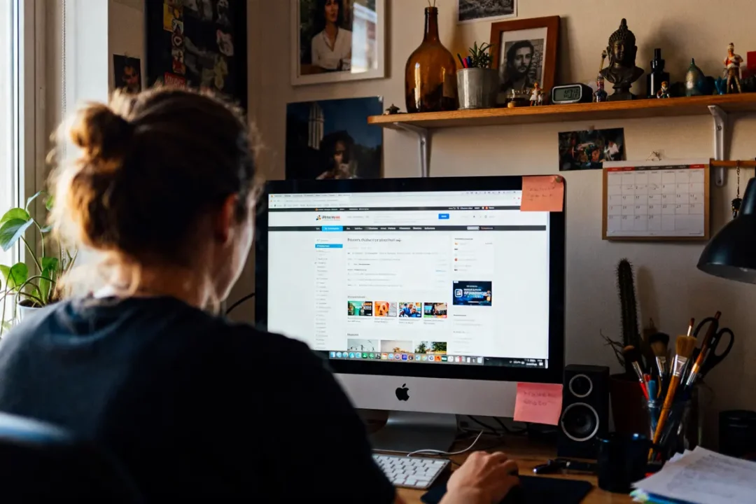 Personne travaillant sur un ordinateur avec l'écran affichant le site monstream en arrière-plan