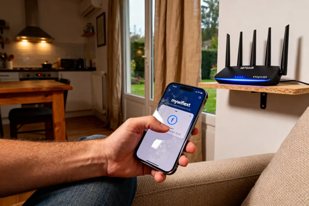 Personne utilisant l'application mywifiext sur smartphone pour configurer un routeur Netgear dans le salon