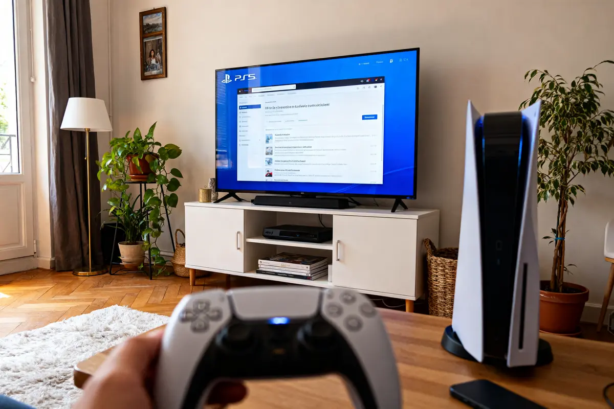 Personne utilisant le navigateur internet sur PS5 avec manette devant télévision écran plat