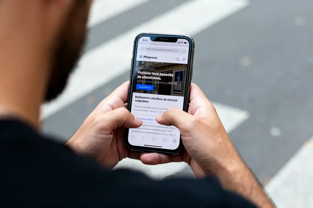 Un homme utilisant un smartphone pour consulter le site ravpaz en ligne à l'extérieur