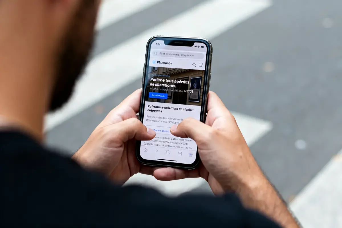 Un homme utilisant un smartphone pour consulter le site ravpaz en ligne à l'extérieur