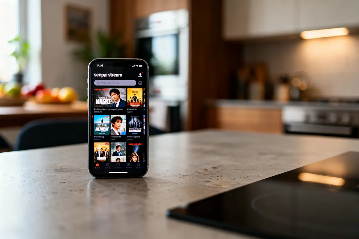 Smartphone affichant l'application senpai-stream sur un comptoir de cuisine moderne