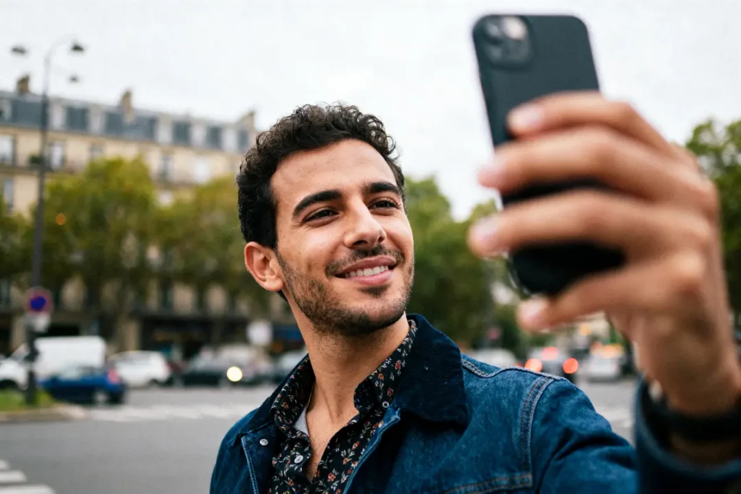 Un homme souriant prend un selfie avec Yanovi en arrière-plan urbain flou.