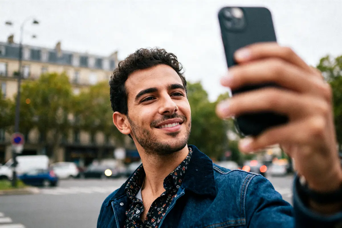Un homme souriant prend un selfie avec Yanovi en arrière-plan urbain flou.