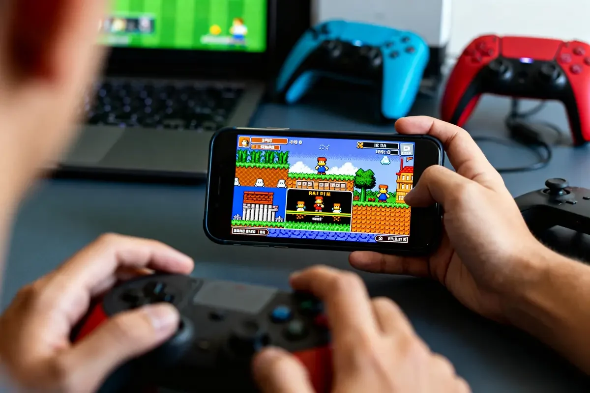 Personne jouant à Arcadland sur smartphone avec des manettes de jeu en arrière-plan