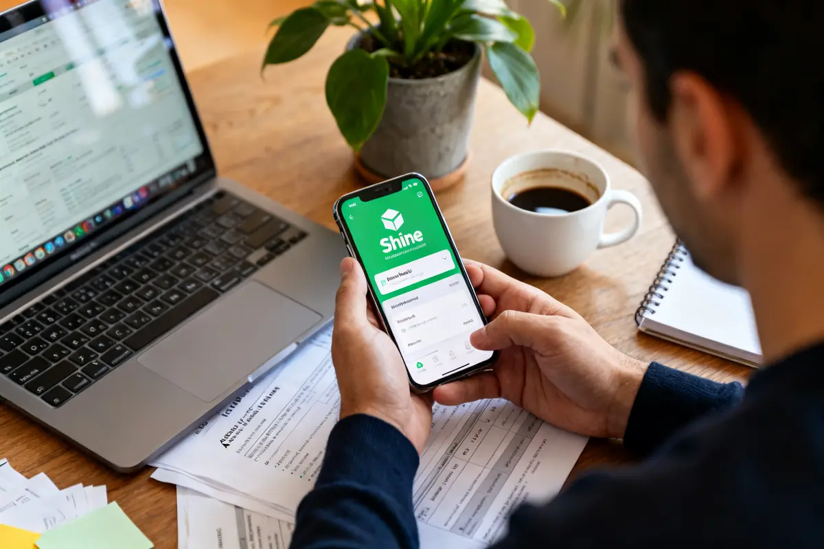 Personne utilisant l'application Banque Shine sur smartphone avec ordinateur et café sur bureau