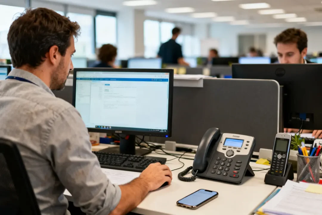 Un employé travaille devant un ordinateur dans un bureau Bouygues Telecom Pro Keyyo